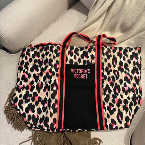 Victoria's Secret Leopard Canvas Tote with Pink and Black Accents - Picture 4 of 6